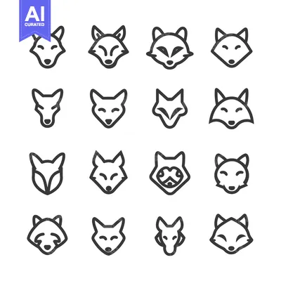 Aset desain premium: Sixteen Line Art Fox Head Icons with Various Facial Expressions