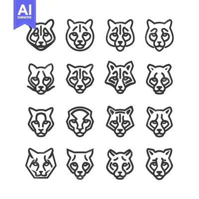 Aset premium populer: Sixteen Line Art Illustrations of Bobcat Heads in Various Styles