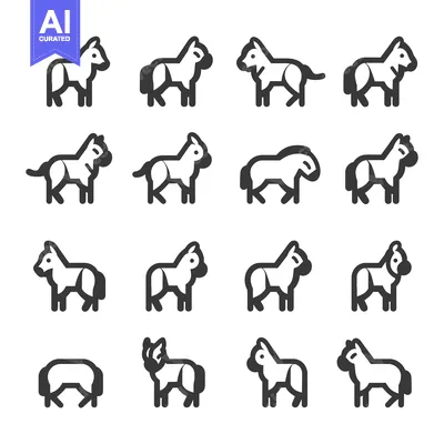 Sixteen Line Art Illustrations of Horses and Donkeys in Various Poses