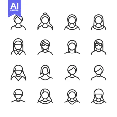 Sixteen Line Art Illustrations of Women with Different Hairstyles and