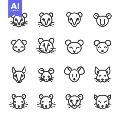 Sixteen Line Art Mouse Faces with Variations in Expression and Ear Sha