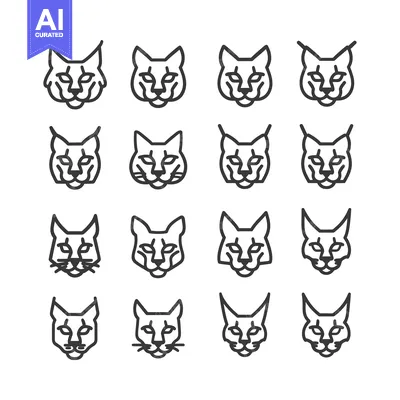 Sixteen Line Drawings of a Lynx's Head with Variations in Features