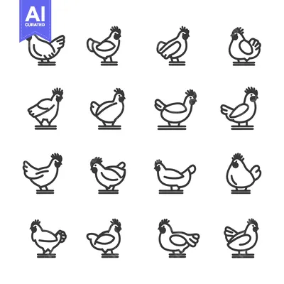 Sixteen Line Drawings of Chickens in Various Poses