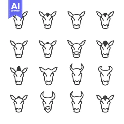 Sixteen Line Drawings of Cow and Bull Heads in Various Styles