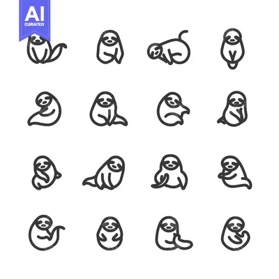 Sixteen Line Drawings of Sloths in Various Poses