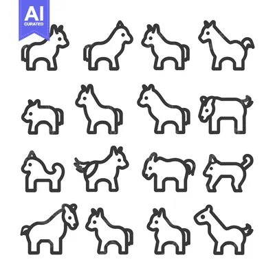 Sixteen Line Drawings of Standing Horses in Different Poses