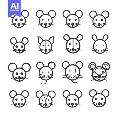 Sixteen Mouse Faces with Various Expressions and Styles
