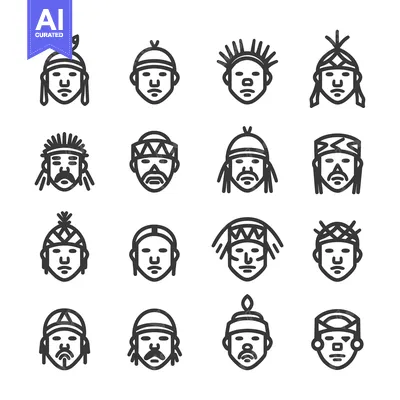 Aset desain premium: Sixteen Native American Head Portraits in Outline Style