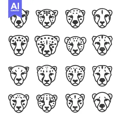 Aset premium populer: Sixteen Outline Cheetah Head Illustrations in Black and White