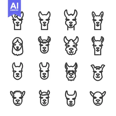 Aset premium populer: Sixteen Outline Drawings of Llama Faces with Different Fur and Ear Sty