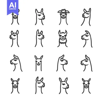 Aset desain premium: Sixteen Outline Drawings of Llama Heads in Different Poses