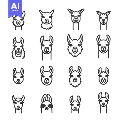 Sixteen Outline Drawings of Llama Heads in Various Styles