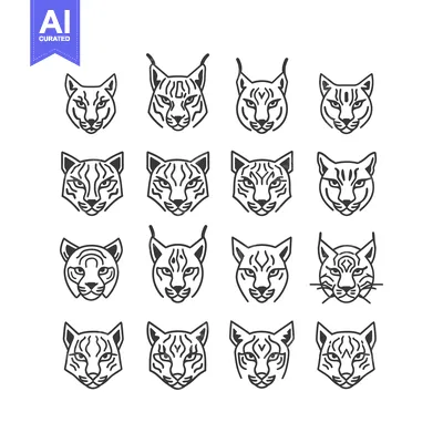 Sixteen Outline Drawings of Lynx Heads with Varying Details