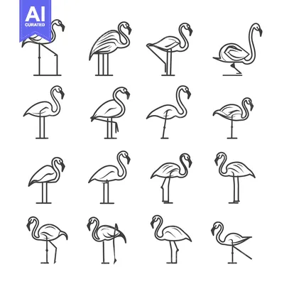 Sixteen Outline Drawings of Pink Flamingos in Various Poses