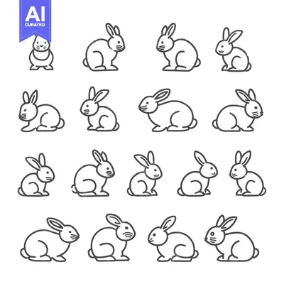 Aset desain premium: Sixteen Outline Drawings of Rabbits in Different Poses