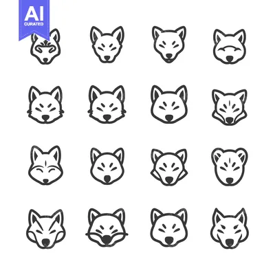 Sixteen Outline Fox Head Icons with Varied Expressions