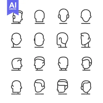 Sixteen Outline Icons Depicting Different Hairstyles and Facial Featur
