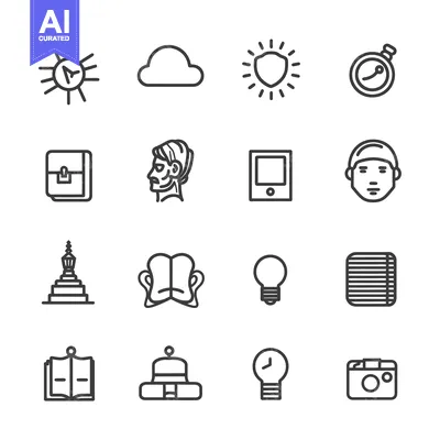 Sixteen Outline Icons Depicting Various Concepts