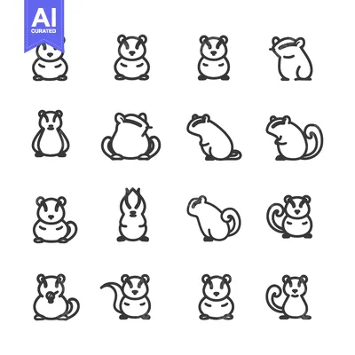 Sixteen Outline Illustrations of a Cartoon Squirrel in Different Poses