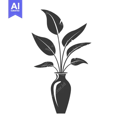 A black and white illustration of a vase with plant leaves