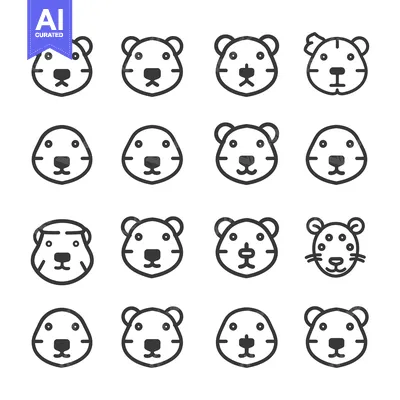 Sixteen Outline Illustrations of Bear and Tiger Heads