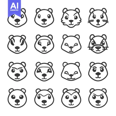 Premium design asset: Sixteen Outline Illustrations of Bear Faces with Varying Expressions