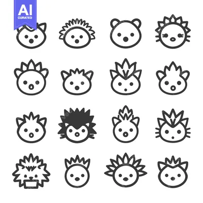 Sixteen Outline Illustrations of Hedgehog Faces with Various Spines