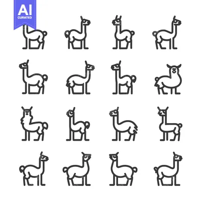 Sixteen Outline Illustrations of Llamas in Various Poses