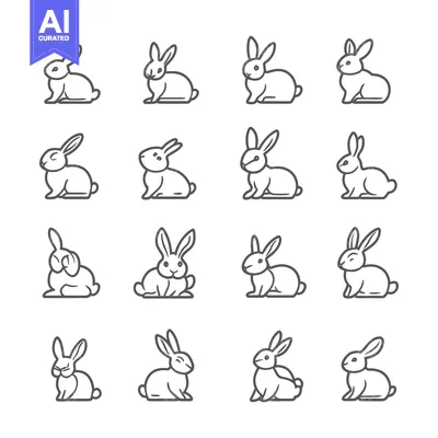 Sixteen Outline Illustrations of Sitting Rabbits