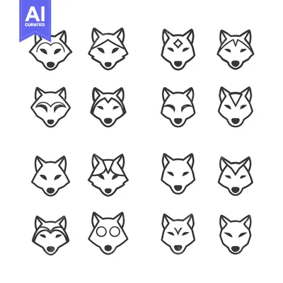 Aset desain premium: Sixteen Outline Illustrations of Wolf Heads