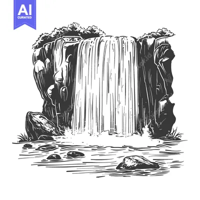Premium design asset: A Black and White Illustration of a Waterfall Cascade