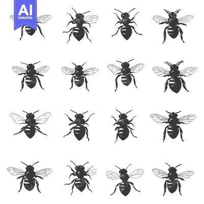 Sixteen Silhouettes of Bees in Various Poses