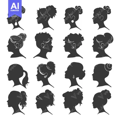 Sixteen Silhouettes of Women's Heads in Profile with Varied Hairstyles
