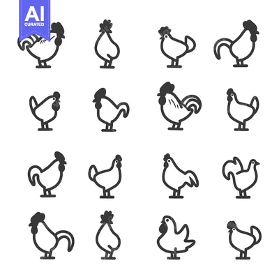 Aset premium populer: Sixteen Simple Black and White Chicken and Rooster Line Drawings