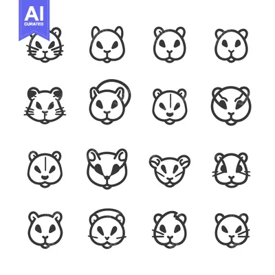 Sixteen Simple Black and White Hamster Face Icons
