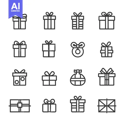 Aset premium populer: Sixteen Simple Gift Box Line Icons with Different Ribbon and Bow Style