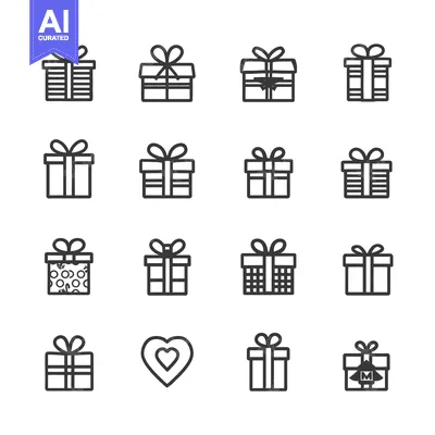 Sixteen Simple Line Art Gift Box Icons with Various Ribbon and Wrappin