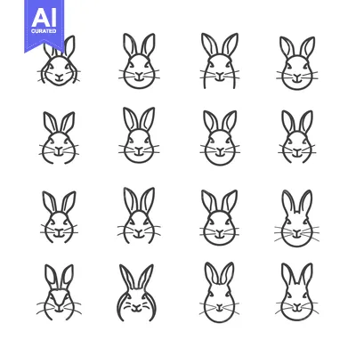 Sixteen Simple Line Drawings of Bunny Rabbit Faces