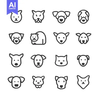 Aset premium populer: Sixteen Simple Line Drawings of Cat and Dog Faces