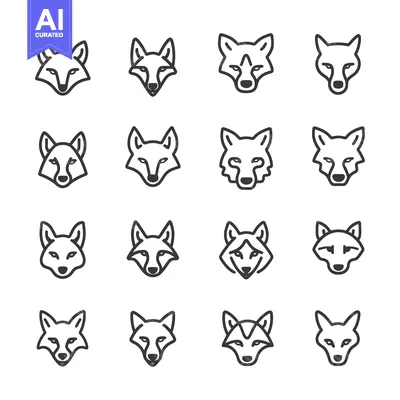 Sixteen Simple Line Drawings of Fox Faces