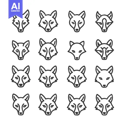 Sixteen Simple Line Drawings of Fox Heads in Black and White