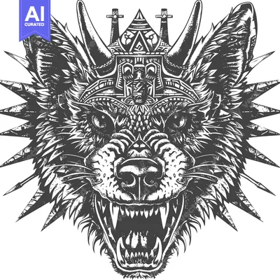 Aset desain premium: A Black and White Illustration of a Wolf's Head with a Crown