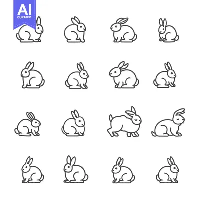 Sixteen Simple Line Drawings of Rabbits in Various Poses