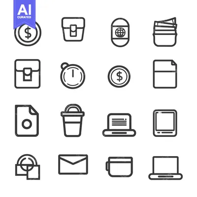 Sixteen Simple Line Icons Depicting Business and Technology Objects