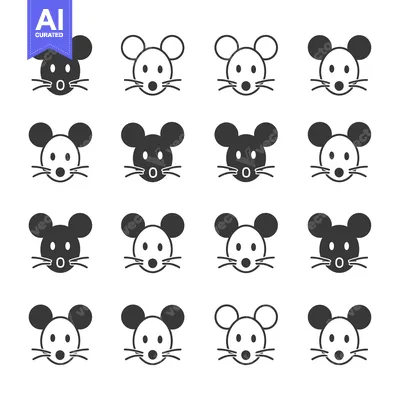 Sixteen Simple Mouse Face Icons in Black and White