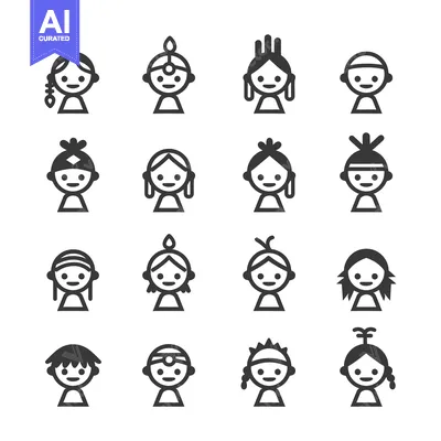 Sixteen Smiling Cartoon People with Different Hairstyles and Headwear