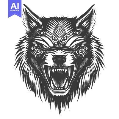 A Black and White Illustration of a Wolf's Head with a Geometric Desig
