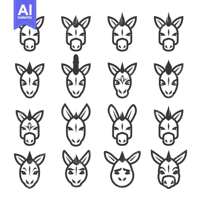 Sixteen Stylized Black and White Donkey Faces with Various Expressions