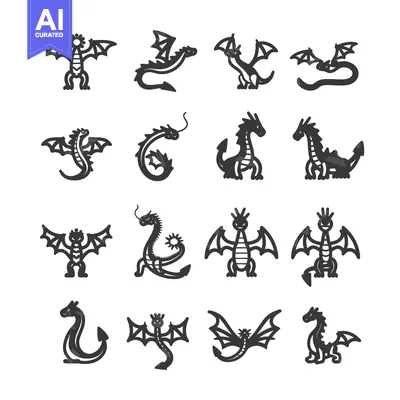 Aset desain premium: Sixteen Stylized Black Dragon Silhouettes
