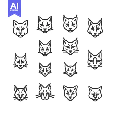 Aset desain premium: Sixteen Stylized Cat Head Illustrations in Black and White